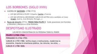 LOS BORBONES (SIGLO XVIII)
 GUERRA DE SUCESION: (1700-1713)
 LOS QUE APOYAN A FELIPE V (España, Castilla y Francia)
 LOS QUE APOYAN AL ARCHIDUQUE CARLOS DE AUSTRIA (otro candidato al trono)
(Aragón, Austria, Gran Bretaña, Portugal,…)
 Paces de Utrecht (1713). TRONO PARA FELIPE V. Cede posesiones territoriales
y Gibraltar y Menorca a Gran Bretaña.
DESPOTISMO ILUSTRADO
LOS REYES CONCENTRAN EN SU PERSONA TODO EL PODER
FELIPE V (1700-1746)
FERNANDO VI (1746-1759)
CARLOS III (1759-1788) Unifica leyes e instituciones, moderniza la
economía, impulsa la enseñanza pública, las ciencias, las artes, …
CARLOS IV (1788-1808)
 