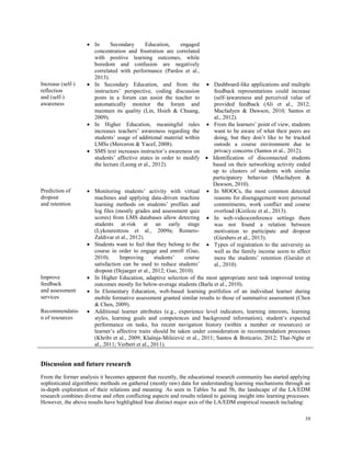 58
 In Secondary Education, engaged
concentration and frustration are correlated
with positive learning outcomes, while
boredom and confusion are negatively
correlated with performance (Pardos et al.,
2013).
Increase (self-)
reflection
and (self-)
awareness
 In Secondary Education, and from the
instructors’ perspective, coding discussion
posts in a forum can assist the teacher to
automatically monitor the forum and
maintain its quality (Lin, Hsieh & Chuang,
2009).
 In Higher Education, meaningful rules
increases teachers’ awareness regarding the
students’ usage of additional material within
LMSs (Merceron & Yacef, 2008).
 SMS text increases instructor’s awareness on
students’ affective states in order to modify
the lecture (Leong et al., 2012).
 Dashboard-like applications and multiple
feedback representations could increase
(self-)awareness and perceived value of
provided feedback (Ali et al., 2012;
Macfadyen & Dawson, 2010; Santos et
al., 2012).
 From the learners’ point of view, students
want to be aware of what their peers are
doing, but they don’t like to be tracked
outside a course environment due to
privacy concerns (Santos et al., 2012).
 Identification of disconnected students
based on their networking activity ended
up to clusters of students with similar
participatory behavior (Macfadyen &
Dawson, 2010).
Prediction of
dropout
and retention
 Monitoring students’ activity with virtual
machines and applying data-driven machine
learning methods on students’ profiles and
log files (mostly grades and assessment quiz
scores) from LMS databases allow detecting
students at-risk at an early stage
(Lykourentzou et al., 2009a; Romero-
Zaldivar et al., 2012).
 Students want to feel that they belong to the
course in order to engage and enroll (Guo,
2010). Improving students’ course
satisfaction can be used to reduce students’
dropout (Dejaeger et al., 2012; Guo, 2010).
 In MOOCs, the most common detected
reasons for disengagement were personal
commitments, work conflict and course
overload (Kizilcec et al., 2013).
 In web-videoconference settings there
was not found a relation between
motivation to participate and dropout
(Giesbers et al., 2013).
 Types of registration to the university as
well as the family income seem to affect
more the students’ retention (Guruler et
al., 2010).
Improve
feedback
and assessment
services
 In Higher Education, adaptive selection of the most appropriate next task improved testing
outcomes mostly for below-average students (Barla et al., 2010).
 In Elementary Education, web-based learning portfolios of an individual learner during
mobile formative assessment granted similar results to those of summative assessment (Chen
& Chen, 2009).
Recommendatio
n of resources
 Additional learner attributes (e.g., experience level indicators, learning interests, learning
styles, learning goals and competences and background information), student’s expected
performance on tasks, his recent navigation history (within a number or resources) or
learner’s affective traits should be taken under consideration in recommendation processes
(Khribi et al., 2009; Klašnja-Milićević et al., 2011; Santos & Boticario, 2012; Thai-Nghe et
al., 2011; Verbert et al., 2011).
Discussion and future research
From the former analysis it becomes apparent that recently, the educational research community has started applying
sophisticated algorithmic methods on gathered (mostly raw) data for understanding learning mechanisms through an
in-depth exploration of their relations and meaning. As seen in Tables 5a and 5b, the landscape of the LA/EDM
research combines diverse and often conflicting aspects and results related to gaining insight into learning processes.
However, the above results have highlighted four distinct major axis of the LA/EDM empirical research including:
 
