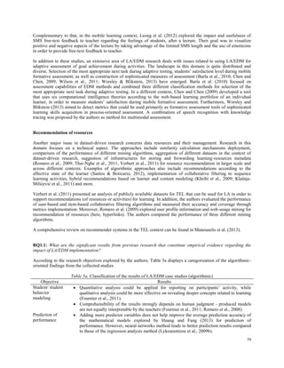 56
Complementary to that, in the mobile learning context, Leong et al. (2012) explored the impact and usefulness of
SMS free-text feedback to teacher regarding the feelings of students, after a lecture. Their goal was to visualize
positive and negative aspects of the lecture by taking advantage of the limited SMS length and the use of emoticons
in order to provide free-text feedback to teacher.
In addition to these studies, an extensive area of LA/EDM research deals with issues related to using LA/EDM for
adaptive assessment of goal achievement during activities. The landscape in this domain is quite distributed and
diverse. Selection of the most appropriate next task during adaptive testing, students’ satisfaction level during mobile
formative assessment, as well as construction of sophisticated measures of assessment (Barla et al., 2010; Chen and
Chen, 2009; Wilson et al., 2011; Worsley & Blikstein, 2013) have emerged. Barla et al. (2010) focused on
assessment capabilities of EDM methods and combined three different classification methods for selection of the
most appropriate next task during adaptive testing. In a different context, Chen and Chen (2009) developed a tool
that uses six computational intelligence theories according to the web-based learning portfolios of an individual
learner, in order to measure students’ satisfaction during mobile formative assessment. Furthermore, Worsley and
Blikstein (2013) aimed to detect metrics that could be used primarily as formative assessment tools of sophisticated
learning skills acquisition in process-oriented assessment. A combination of speech recognition with knowledge
tracing was proposed by the authors as method for multimodal assessment.
Recommendation of resources
Another major issue in dataset-driven research concerns data resources and their management. Research in this
domain focuses on a technical aspect. The approaches include similarity calculation mechanisms deployment,
comparison of the performance of different mining algorithms, aggregation of different datasets in the context of
dataset-driven research, suggestion of infrastructures for storing and forwarding learning-resources metadata
(Romero et al., 2009; Thai-Nghe et al., 2011; Verbert et al., 2011) for resource recommendation in larger scale and
across different contexts. Examples of algorithmic approaches also include recommendations according to the
affective state of the learner (Santos & Boticario, 2012), implementation of collaborative filtering to sequence
learning activities, hybrid recommendations based on learner and content modeling (Khribi et al., 2009; Klašnja-
Milićević et al., 2011) and more.
Verbert et al. (2011) presented an analysis of publicly available datasets for TEL that can be used for LA in order to
support recommendations (of resources or activities) for learning. In addition, the authors evaluated the performance
of user-based and item-based collaborative filtering algorithms and measured their accuracy and coverage through
metrics implementation. Moreover, Romero et al. (2009) explored user profile information and web-usage mining for
recommendation of resources (here, hyperlinks). The authors compared the performance of three different mining
algorithms.
A comprehensive review on recommender systems in the TEL context can be found in Manouselis et al. (2013).
RQ1.1: What are the significant results from previous research that constitute empirical evidence regarding the
impact of LA/EDM implementation?
According to the research objectives explored by the authors, Table 5a displays a categorization of the algorithmic-
oriented findings from the collected studies.
Table 5a. Classification of the results of LA/EDM case studies (algorithmic)
Objective Results
Student/ student
behavior
modeling
 Quantitative analysis could be applied for reporting on participants’ activity, while
qualitative analysis could be more effective on revealing deeper concepts related to learning
(Fournier et al., 2011).
 Comprehensibility of the results strongly depends on human judgment - produced models
are not equally interpretable by the teachers (Fournier et al., 2011; Romero et al., 2008).
Prediction of
performance
 Adding more predictor variables does not help improve the average prediction accuracy of
the mathematical models explored by Huang and Fang (2013) for prediction of
performance. However, neural networks method leads to better prediction results compared
to those of the regression analysis method (Lykourentzou et al., 2009b).
 