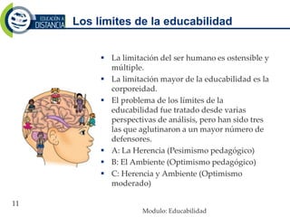 Los límites de la educabilidad
 La limitación del ser humano es ostensible y
múltiple.
 La limitación mayor de la educabilidad es la
corporeidad.
 El problema de los límites de la
educabilidad fue tratado desde varias
perspectivas de análisis, pero han sido tres
las que aglutinaron a un mayor número de
defensores.
 A: La Herencia (Pesimismo pedagógico)
 B: El Ambiente (Optimismo pedagógico)
 C: Herencia y Ambiente (Optimismo
moderado)
Modulo: Educabilidad
11
 