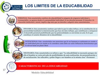 PERSONAL: Esta característica confiere ala educabilidad la categoría de exigencia individual e
irrenunciable y se genera desde el a personalidad individual. Es un derecho personal. El derecho a la
educación intelectual y moral, implica algo más que un derecho a adquirir unos conocimientos.
DINAMICA: Esta característica sostiene que todo lo que le rodea influye, en la constitución de su
personalidad mediante la interiorización que hace de tales influjos, que contribuyen a enriquecer
el desarrollo personal posibilitando que las potencialidades se conviertan en acto. Es lo que
constituye el carácter dinámico de la educabilidad.
INTENCIONAL: Esta característica nos menciona que le ser humano es autónomo en cuanto a
ser individual pero en cuanto se lo considera como debe ser sufre influencias heterónomas que
lo elevan hasta un plano ideal.
NECESARIA: Esta característica se refiere a que “La educabilidad es necesaria porque sin
ella el hombre se vería privado de posibilidades de auto realización, de personalización y
de socialización. Ser educable y poder llegar a ser hombre es la misma cosa” (Fermoso)
CARACTERISTICAS DE LA EDUCABILIDAD
LOS LIMITES DE LA EDUCABILIDAD
17
Modulo: Educabilidad
 