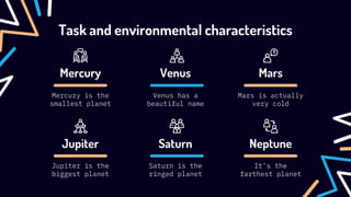 Mars is actually
very cold
It’s the
farthest planet
Mars
Neptune
Task and environmental characteristics
Mercury
Mercury is the
smallest planet
Venus
Venus has a
beautiful name
Jupiter
Jupiter is the
biggest planet
Saturn
Saturn is the
ringed planet
 