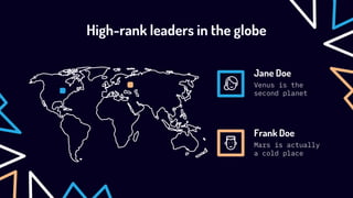High-rank leaders in the globe
Venus is the
second planet
Jane Doe
Mars is actually
a cold place
Frank Doe
 