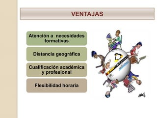 VENTAJAS


Atención a necesidades
      formativas

 Distancia geográfica

Cualificación académica
      y profesional

  Flexibilidad horaria
 
