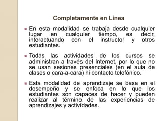 Completamente en Línea
En esta modalidad se trabaja desde cualquier
lugar    en  cualquier  tiempo,  es   decir,
interactuando con el instructor y otros
estudiantes.
Todas las actividades de los cursos se
administran a través del Internet, por lo que no
se usan sesiones presenciales (en el aula de
clases o cara-a-cara) ni contacto telefónico.
Esta modalidad de aprendizaje se basa en el
desempeño y se enfoca en lo que los
estudiantes son capaces de hacer y pueden
realizar al término de las experiencias de
aprendizajes y actividades.
 