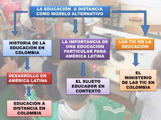 LA EDUCACIÓN A DISTANCIA
COMO MODELO ALTERNATIVO
HISTORIA DE LA
EDUCACIÓN EN
COLOMBIA
DESARROLLO EN
AMÉRICA LATINA
EDUCACIÓN A
DISTANCIA EN
COLOMBIA
LA IMPORTANCIA DE
UNA EDUCACIÓN
PARTICULAR PARA
AMÉRICA LATINA
EL SUJETO
EDUCADOR EN
CONTEXTO
LAS TIC EN LA
EDUCACIÓN
EL
MINISTERIO
DE LAS TIC EN
COLOMBIA
 