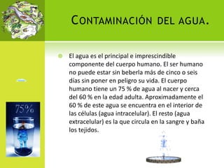 CONTAMINACIÓN DEL AGUA.
 El agua es el principal e imprescindible
componente del cuerpo humano. El ser humano
no puede estar sin beberla más de cinco o seis
días sin poner en peligro su vida. El cuerpo
humano tiene un 75 % de agua al nacer y cerca
del 60 % en la edad adulta. Aproximadamente el
60 % de este agua se encuentra en el interior de
las células (agua intracelular). El resto (agua
extracelular) es la que circula en la sangre y baña
los tejidos.
 