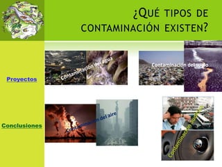¿QUÉ TIPOS DE
CONTAMINACIÓN EXISTEN?
Contaminación del suelo
Proyectos
Conclusiones
 