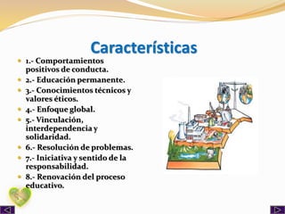 Características
 1.- Comportamientos
positivos de conducta.
 2.- Educación permanente.
 3.- Conocimientos técnicos y
valores éticos.
 4.- Enfoque global.
 5.- Vinculación,
interdependencia y
solidaridad.
 6.- Resolución de problemas.
 7.- Iniciativa y sentido de la
responsabilidad.
 8.- Renovación del proceso
educativo.
 