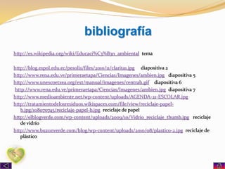 bibliografía
http://es.wikipedia.org/wiki/Educaci%C3%B3n_ambiental tema
http://blog.espol.edu.ec/pesolis/files/2010/11/clarita1.jpg diapositiva 2
http://www.rena.edu.ve/primeraetapa/Ciencias/Imagenes/ambien.jpg diapositiva 5
http://www.unescoetxea.org/ext/manual/imagenes/central1.gif diapositiva 6
http://www.rena.edu.ve/primeraetapa/Ciencias/Imagenes/ambien.jpg diapositiva 7
http://www.medioambiente.net/wp-content/uploads/AGENDA-21-ESCOLAR.jpg
http://tratamientodelosresiduos.wikispaces.com/file/view/reciclaje-papel-
b.jpg/108070745/reciclaje-papel-b.jpg reciclaje de papel
http://elblogverde.com/wp-content/uploads/2009/10/Vidrio_reciclaje_thumb.jpg reciclaje
de vidrio
http://www.buzonverde.com/blog/wp-content/uploads/2010/08/plastico-2.jpg reciclaje de
plástico
 