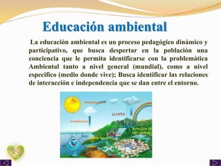 Educación ambiental
La educación ambiental es un proceso pedagógico dinámico y
participativo, que busca despertar en la población una
conciencia que le permita identificarse con la problemática
Ambiental tanto a nivel general (mundial), como a nivel
especifico (medio donde vive); Busca identificar las relaciones
de interacción e independencia que se dan entre el entorno.
 