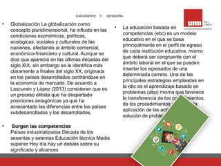 SURGIMIENTO Y DEFINICIÓN
• Globalización La globalización como
concepto pluridimensional, ha influido en las
condiciones económicas, políticas,
ecológicas, sociales y culturales de las
naciones, afectando al ámbito comercial,
económico-financiero y cultural. Aunque se
dice que apareció en las últimas décadas del
siglo XIX, sin embargo se le identifica más
claramente a finales del siglo XX, originada
en los países desarrollados centrándose en
la economía de mercado. De acuerdo a
Lascurain y López (2013) consideran que es
un proceso elitista que ha despertado
posiciones antagónicas ya que ha
acrecentado las diferencias entre los países
subdesarrollados y los desarrollados.
• Surgen las competencias
Países industrializados Década de los
sesentas y setentas Educación técnica Media
superior Hoy día hay un debate sobre su
significado y alcances
• La educación basada en
competencias (ebc) es un modelo
educativo en el que se basa
principalmente en el perfil de egreso
de cada institución educativa, mismo
que deberá ser congruente con el
ámbito laboral en el que se pueden
insertar los egresados de una
determinada carrera. Una de las
principales estrategias empleadas en
la ebc es el aprendizaje basado en
problemas (abp) misma que favorece
la transferencia de los conocimientos,
de los procedimientos y permite la
aplicación de las actitudes en la
solución de problemas “reales”.
 