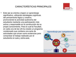 CARACTERÍSTICAS PRINCIPALES
• Este eje se orienta a lograr un aprendizaje
significativo, utilizando estrategias cognitivas
del pensamiento lógico y creativo,
promoviendo la actividad autónoma del
estudiante mediante una participación más
activa y responsable en la construcción de su
propio conocimiento. Para lo cual la Facultad,
en cada una de las UA ha creado un programa
condensado que contiene una serie de
actividades que sirven como evidencias para
comprobar el trabajo realizado por el
estudiante en aula y extra-aula.
 