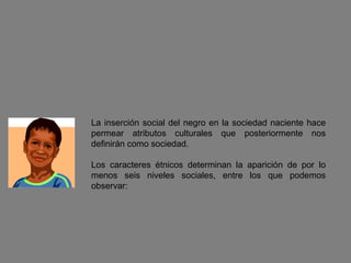 La inserción social del negro en la sociedad naciente hace permear atributos culturales que posteriormente nos definirán como sociedad. Los caracteres étnicos determinan la aparición de por lo menos seis niveles sociales, entre los que podemos observar: 