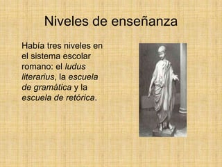 Niveles de enseñanza
Había tres niveles en
el sistema escolar
romano: el ludus
literarius, la escuela
de gramática y la
escuela de retórica.
 