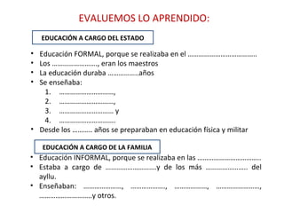 EVALUEMOS LO APRENDIDO:
• Educación FORMAL, porque se realizaba en el ………………………………..
• Los ……………………., eran los maestros
• La educación duraba ……………..años
• Se enseñaba:
1. …………………………,
2. …………………………,
3. ………………………… y
4. ………………………….
• Desde los ……….. años se preparaban en educación física y militar
• Educación INFORMAL, porque se realizaba en las ……………………………..
• Estaba a cargo de ……………………….y de los más ………………….. del
ayllu.
• Enseñaban: …………………, ………………., ………………, ……………………,
………………………..y otros.
EDUCACIÓN A CARGO DEL ESTADO
EDUCACIÓN A CARGO DE LA FAMILIA
 
