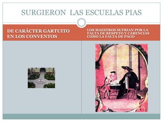 DE CARÁCTER GARTUITO EN LOS CONVENTOSLOS MAESTROS SUFRIAN POR LA FALTA DE RESPETO Y CARENCIAS COMO LA FALTA DE PAGOSURGIERON  LAS ESCUELAS PIAS