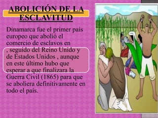 ABOLICIÓN DE LA
  ESCLAVITUD
Dinamarca fue el primer país
europeo que abolió el
comercio de esclavos en
, seguido del Reino Unido y
de Estados Unidos , aunque
en este último hubo que
esperar a que finalizara la
Guerra Civil (1865) para que
se aboliera definitivamente en
todo el país.
 