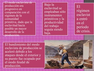 El modo esclavista de
producción era                Bajo la
                              esclavitud se     El
progresivo en
comparación con el            empleaban sólo    régimen
régimen de la                 instrumentos      esclavist
comunidad                     primitivos y la   a entró
primitiva, dado que la        productividad     en el
esclavitud hacia              del trabajo
posible un mayor                                período
                              seguía siendo
desarrollo de la              baja.
                                                de crisis.
producción.

El hundimiento del modo
esclavista de producción se
aceleró debido a los
ataques desde el exterior y
su puesto fue ocupado por
el modo feudal de
producción.
 