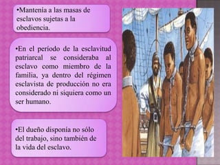 •Mantenía a las masas de
esclavos sujetas a la
obediencia.

•En el período de la esclavitud
patriarcal se consideraba al
esclavo como miembro de la
familia, ya dentro del régimen
esclavista de producción no era
considerado ni siquiera como un
ser humano.


•El dueño disponía no sólo
del trabajo, sino también de
la vida del esclavo.
 