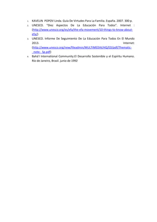 1. KAVELIN POPOV Linda. Guía De Virtudes Para La Familia. España. 2007. 300 p.
2. UNESCO. “Diez Aspectos De La Educación Para Todos”. Internet :
(http://www.unesco.org/es/efa/the-efa-movement/10-things-to-know-about-
efa/)
3. UNESCO. Informe De Seguimiento De La Educación Para Todos En El Mundo
2013. Internet:
(http://www.unesco.org/new/fileadmin/MULTIMEDIA/HQ/ED/pdf/Thematic-
_note-_Sp.pdf)
4. Bahá'í International Community.El Desarrollo Sostenible y el Espíritu Humano.
Río de Janeiro, Brasil. junio de 1992
 