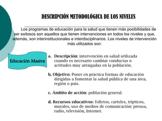 DESCRIPCIÓN METODOLÓGICA DE LOS NIVELES
Los programas de educación para la salud que tienen más posibilidades de
ser exitosos son aquellos que tienen intervenciones en todos los niveles y que,
además, son interinstitucionales e interdisciplinarios. Los niveles de intervención
más utilizados son:
Educación Masiva
a. Descripción: intervención en salud utilizada
cuando es necesario cambiar conductas o
actitudes muy arraigadas en la población.
b. Objetivo: Poner en práctica formas de educación
dirigidas a fomentar la salud pública de una área,
región o país.
c. Ámbito de acción: población general.
d. Recursos educativos: folletos, carteles, trípticos,
murales, uso de medios de comunicación: prensa,
radio, televisión, Internet.
 