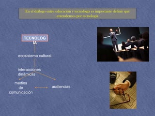 En el diálogo entre educación y tecnología es importante definir qué
                             entendemos por tecnología




       TECNOLOG
          ÍA


    ecosistema cultural


    interacciones
    dinámicas

  medios
    de                    audiencias
comunicación
 