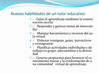 Nuevas habilidades de un tutor educativo
 ‐ Guiar el aprendizaje mediante la comun
icación escrita
 ‐ Responder y generar temas de intercam
bio
 ‐ Manejar herramientas y recursos del au
la virtual
 ‐ Elaborar consignas, guías, instructivos
y cronogramas
 ‐ Planificar actividades individuales y de
trabajo en grupo, adecuándose a la diversi
dad
 ‐ Generar propuestas para favorecer el co
nocimiento mutuo y la conformación de u
na comunidad virtual de aprendizaje.
 