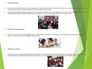  Educación básica 
 Es el servicio educativo para niñas y niños que se imparte a partir de los seis años de edad, da continuidad al desarrollo de 
competencias que los alumnos adquieren en la educación preescolar. 
 Los estudiantes experimentan cambios en sus procesos de desarrollo y aprendizaje por lo que es necesario que en este nivel 
tengan oportunidades de aprendizaje que les permitan avanzar en el desarrollo de sus competencias. 
 Educación media superior 
 En este nivel se tiene como finalidad ofrecer alternativas de desarrollo educativo congruentes con el entorno económico, 
político, social, cultural y tecnológico de la nación. 
 Educación superior 
 En este nivel se encargan de impulsar una educación de calidad que permita la formación de profesionistas competitivos y 
comprometidos con el desarrollo regional y nacional, y que contribuya a la edificación de una sociedad más justa. 
 