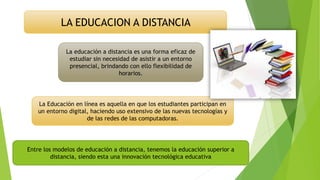 LA EDUCACION A DISTANCIA
La educación a distancia es una forma eficaz de
estudiar sin necesidad de asistir a un entorno
presencial, brindando con ello flexibilidad de
horarios.
Entre los modelos de educación a distancia, tenemos la educación superior a
distancia, siendo esta una innovación tecnológica educativa
La Educación en línea es aquella en que los estudiantes participan en
un entorno digital, haciendo uso extensivo de las nuevas tecnologías y
de las redes de las computadoras.
 