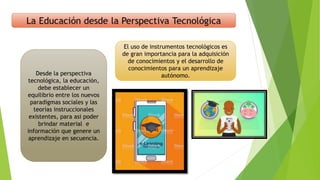 Desde la perspectiva
tecnológica, la educación,
debe establecer un
equilibrio entre los nuevos
paradigmas sociales y las
teorías instruccionales
existentes, para asi poder
brindar material e
información que genere un
aprendizaje en secuencia.
El uso de instrumentos tecnológicos es
de gran importancia para la adquisición
de conocimientos y el desarrollo de
conocimientos para un aprendizaje
autónomo.
 