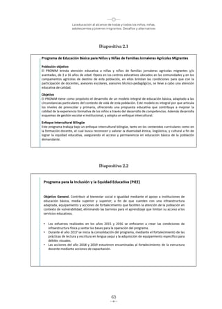 La educación al alcance de todas y todos los niños, niñas,
adolescentes y jóvenes migrantes. Desafíos y alternativas
63
Diapositiva 2.1
Diapositiva 2.2
 