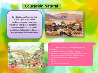 Educación Natural
La educación del pueblo era
asistida por el estado se
fundamentaba en cuestiones
filosóficas y religiosas buscando la
convivencia en la comunidad,
enalteciendo los valores éticos y
morales enfatizando el civismo.
Aspectos de la educación natural:
• Informal
• Eminentemente practica (prender haciendo)
• Aprender en comunidad(aprender haciendo), los pares y
ancianos enseñaban agricultura, la pesca y la caza.
• Arte(adornos corporales, medallones, etc.)
• Moral
• Civismo
• Esa practica natural asistida
 