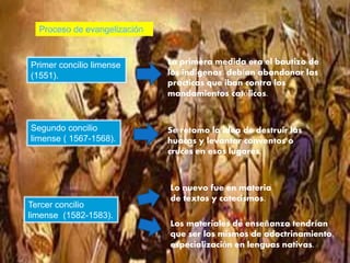 Primer concilio limense
(1551).
La primera medida era el bautizo de
los indígenas, debían abandonar las
practicas que iban contra los
mandamientos católicos.
Segundo concilio
limense ( 1567-1568).
Se retomo la idea de destruir las
huacas y levantar conventos o
cruces en esos lugares.
Tercer concilio
limense (1582-1583).
Lo nuevo fue en materia
de textos y catecismos.
Los materiales de enseñanza tendrían
que ser los mismos de adoctrinamiento,
especialización en lenguas nativas.
 