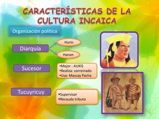 Organización política
Diarquía
Hurin
Hanan
Sucesor •Mejor : AUKIS
•Realiza: correinado
•Usa: Mascay Pacha
Tucuyricuy Supervisar
Recauda tributo
 