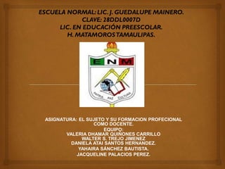 ASIGNATURA: EL SUJETO Y SU FORMACION PROFECIONAL
COMO DOCENTE.
EQUIPO:
VALERIA DHAMAR QUIÑONES CARRILLO
WALTER S. TREJO JIMENEZ
DANIELA ATAI SANTOS HERNANDEZ.
YAHAIRA SÁNCHEZ BAUTISTA.
JACQUELINE PALACIOS PEREZ.
 