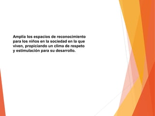 Amplía los espacios de reconocimiento
para los niños en la sociedad en la que
viven, propiciando un clima de respeto
y estimulación para su desarrollo.
 