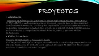 PROYECTOS
• Alfabetización
Programa de Alfabetización y Educación Básica de Jóvenes y Adultos – PRALEBAH
El PRALEBAH es un Programa que surge como una respuesta ante los altos índices de
analfabetismo de Honduras, está dirigido a la población excluida del sistema educativo y
su propósito es contribuir activamente al combate de la pobreza a través de alfabetización,
educación básica y la capacitación laboral de las los jóvenes y personas adultas
participantes.
• Calidad de enseñanza
Proyecto de Reeducación y Reinserción Social
Este Proyecto tiene el objetivo de lograr un cambio en la personalidad y comportamiento de
los y las adolescentes en conflicto con la ley penal por medio del desarrollo de un proceso
educativo sistemático, continuo e integral.
 