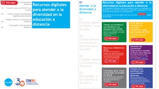 01
Atender a la
diversidad a
distancia
02
Enseñar sobre
el COVID-19 en
mi aula
03
Utilizar nuevas
herramientas
digitales para
enseñar
04
Trabajar tutoría
y convivencia a
distancia
05
Acompañar a
las familias a
distancia
Recursos digitales para atender a la
diversidadenla educacióna distancia
Te presentamos diferentes temas que pueden ayudar a tu respuesta a la
diversidad en un contexto de educación a distancia, organizados en cinco
temas que encontrarás en la columnaizquierda.
Para explorar los recursos,debes hacer clic en el icono debajo
de cada título.
Tareas accesibles y
tecnológicas en
tiempos de COVID
Artículo con múltiples recursos
para la accesibilidad y el usodel
Diseño Universal de
Aprendizaje.
Guía para la
creación de
recursos
educativos bajo
principios del DUA
Guía sobre cómo “dualizar”
sus recursos educativos
digitales.
Recursos didácticos
DUA
Encontrará tres libros en
español con explicaciones para
el docente sobre cómo aplicar
los principios del diseño
universal de aprendizaje.
Ejemplo de
contenido
interactivo usando
el Pack DUA básico
Actividad interactiva para
diferenciar la “b o d”, en el
que se utiliza el Pack DUA
básico de Antonio Márquez.
Consejos para crear
contenido accesible
en Word
6 recomendaciones para hacer
de tus documentos de Word
accesible para todos los
estudiantes.
Google para
alumnos con
necesidades
diversas
Web de Google con
información sobre cómo
utilizar las características de
accesibilidad de los productos
educativos de Google.
01
03
04
05
Atender a la diversidad a
distancia
02 Enseñar sobre el COVID-19 en
mi aula
Utilizar nuevas herramientas
digitales para enseñar
Trabajar tutoría y convivencia a
distancia
Acompañar a las familias a
distancia
Recursos digitales
para atender a la
diversidad en la
educación a
distancia
13
 