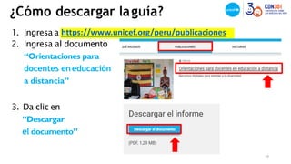 ¿Cómo descargar laguía?
1. Ingresa a https://www.unicef.org/peru/publicaciones
2. Ingresa al documento
“Orientaciones para
docentes eneducación
a distancia”
3. Da clic en
“Descargar
el documento”
14
 