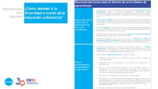 Orientaciones
para
docentes
¿Cómo atender a la
diversidad a través dela
educación a distancia?
Desarrollar de la
autonomía y
motivación de
los y las
estudiantes
• Facilitar a los y las estudiantes herramientas de autorregulación de su
aprendizaje: lista de cotejo, cronómetro, preguntas clave,
autoinstrucciones, etc. También facilitar opciones para la organización
de sus actividades (calendario, mensajes para iniciar las actividades,
etc.)
• Comunicar el objetivo de cada una de las actividades de aprendizaje
planteadas vinculándolas con su vida diaria. Puede ser a través de u n
texto r esum en que explique por qué es importante aprender lo que se
le propone.
• Brindar respuesta (retroalimentación) a las actividades realizadas por
los y las estudiantes. Además, brindar opciones de actividades auto-
evaluables, y evaluación entre pares.
• Utilizar una comunicación asertiva que aliente a los y las estudiantes
a esforzarse y progresar en sus aprendizajes.
• Formular preguntas para que los ayude a reflexionar sobre lo
aprendido y cómo lo aprendió, de esta manera irá tom a n d o conciencia
de las estrategias que le son útiles para avanzar en sus aprendizajes.
Para la
participación y
el aprendizaje
colaborativo
• Proponer actividades y facilitar herramientas para el trabajo
colaborativo, organizando el apoyo entre pares o grupos de 3 a 5
estudiantes (vía telefónica o por internet); dinamizar y organizar
internamente el trabajo acompañando el proceso.
• Si se realizan videoconferencias, tomar en cuenta:
✓ Explorar previamente la plataforma para conocer todas las
funcionalidades.
✓ Establecer con los estudiantes las normas de colaboración y
participación.
✓ Permitir a los estudiantes ingresar unos mi nut os antes a la
plataforma para que conversen entre ellos, se conozcan y
fortalezcan sus vínculos. Aprovechar este espacio para observar
sus interacciones y habilidades comunicativas.
✓ Silenciar a los estudiantes mientras el docente habla.
✓ Considerar u n ti em po prudente de enseñanza según la edad de los
y las estudiantes, sin saturar el tiem po de las familias y priorizando
el tiem po de las clases virtuales para proveer explicaciones, hacer
actividades significativas, absolver dudas o introducción de
contenido nuevo.
✓ Utilizar el chat para ordenar las participaciones.
Recomendaciones para el diseño de actividades de
aprendizaje
9
 