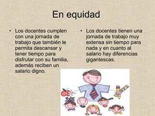 En equidad  Los docentes cumplen con una jornada de trabajo que también le permita descansar y tener tiempo para disfrutar con su familia, además reciben un salario digno. Los docentes tienen una jornada de trabajo muy extensa sin tiempo para nada y en cuanto al salario hay diferencias  gigantescas. 