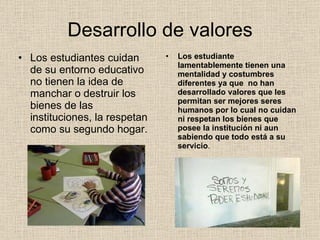 Desarrollo de valores Los estudiantes cuidan  de su entorno educativo no tienen la idea de manchar o destruir los bienes de las instituciones, la respetan como su segundo hogar.  Los estudiante lamentablemente tienen una mentalidad y costumbres diferentes ya que  no han desarrollado valores que les permitan ser mejores seres humanos por lo cual no cuidan ni respetan los bienes que posee la institución ni aun sabiendo que todo está a su servicio . 