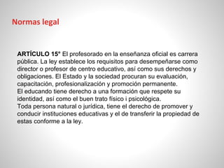ARTÍCULO 15° El profesorado en la enseñanza oficial es carrera
pública. La ley establece los requisitos para desempeñarse como
director o profesor de centro educativo, así como sus derechos y
obligaciones. El Estado y la sociedad procuran su evaluación,
capacitación, profesionalización y promoción permanente.
El educando tiene derecho a una formación que respete su
identidad, así como el buen trato físico i psicológica.
Toda persona natural o jurídica, tiene el derecho de promover y
conducir instituciones educativas y el de transferir la propiedad de
estas conforme a la ley.
Normas legal
 