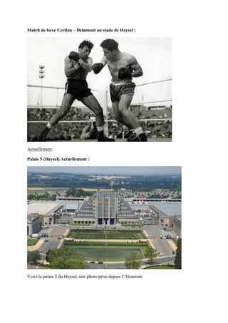 Match de boxe Cerdan – Delannoit au stade de Heysel :
Actuellement :
Palais 5 (Heysel) Actuellement :
Voici le palais 5 du Heysel, une photo prise depuis l’Atomium
 