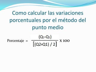 Como calcular las variaciones porcentuales por el método del punto medioPorcentaje  =                                  x 100