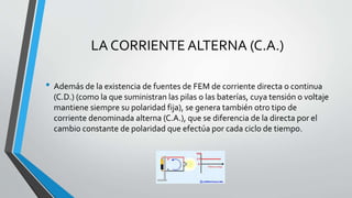 LA CORRIENTE ALTERNA (C.A.) 
• Además de la existencia de fuentes de FEM de corriente directa o continua 
(C.D.) (como la que suministran las pilas o las baterías, cuya tensión o voltaje 
mantiene siempre su polaridad fija), se genera también otro tipo de 
corriente denominada alterna (C.A.), que se diferencia de la directa por el 
cambio constante de polaridad que efectúa por cada ciclo de tiempo. 
 