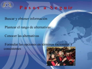   Buscar y obtener información Plantear el rango de alternativas Conocer las alternativas Formular las opciones en términos racionales y consistentes Pasos a Seguir 