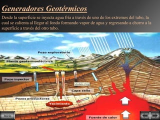Generadores Geotérmicos
Desde la superficie se inyecta agua fría a través de uno de los extremos del tubo, la
cual se calienta al llegar al fondo formando vapor de agua y regresando a chorro a la
superficie a través del otro tubo.




 Inicio
 