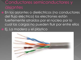  En los aislantes o dieléctricos (no conductores
  del flujo eléctrico) los electrones están
  fuertemente atraídos por el núcleo por lo
  cual las cargas no pueden fluir por entre ellos
 Ej. La madera y el plástico
 